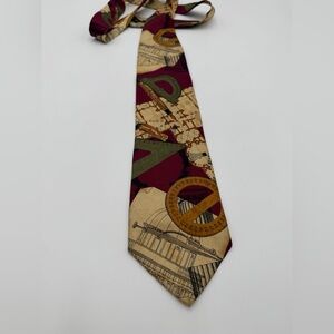 Structure Silk Tie Architecture Blueprint Geometric Map Print Burgundy Vintage